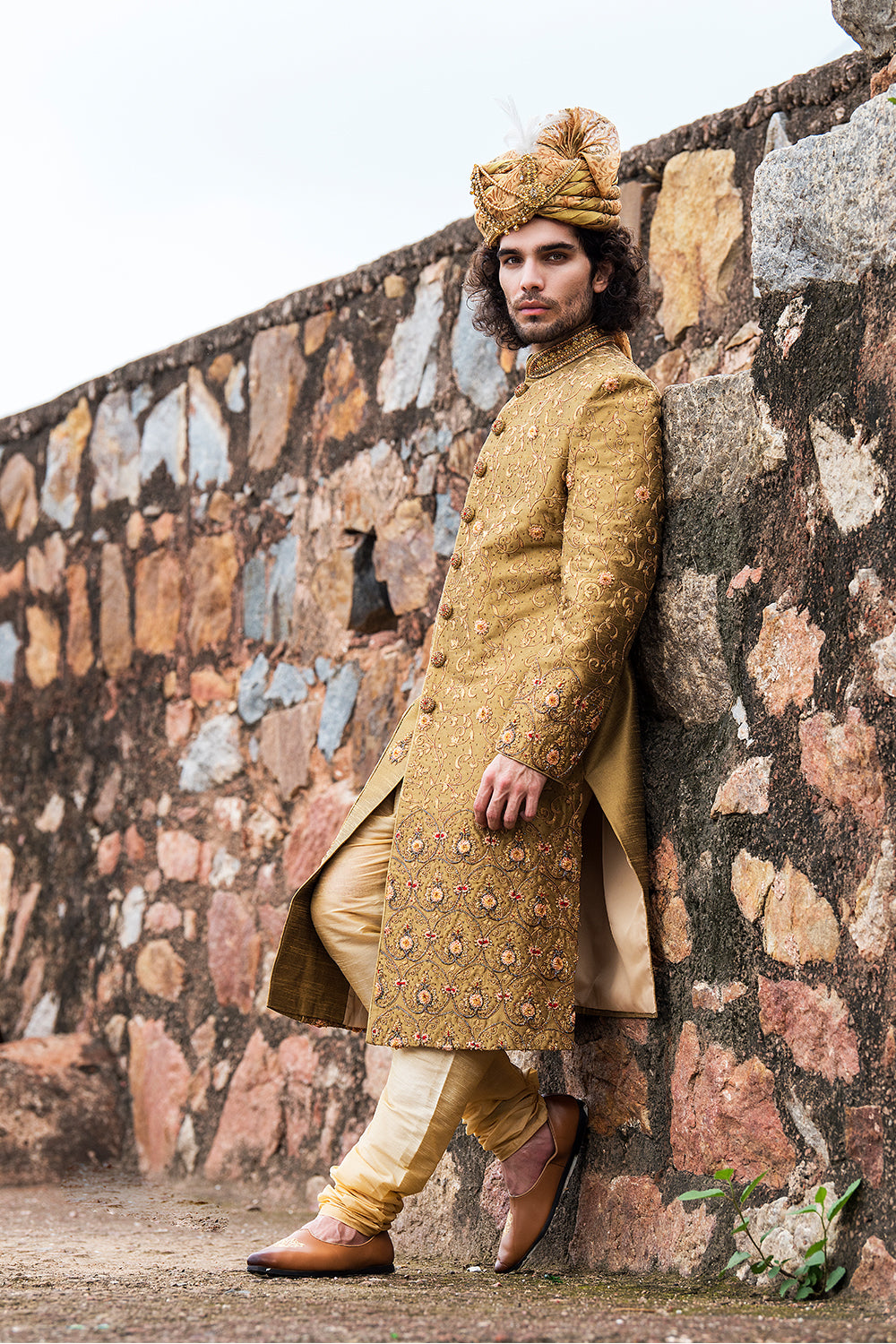 Burnt Gold Embroidered Sherwani And Dupatta