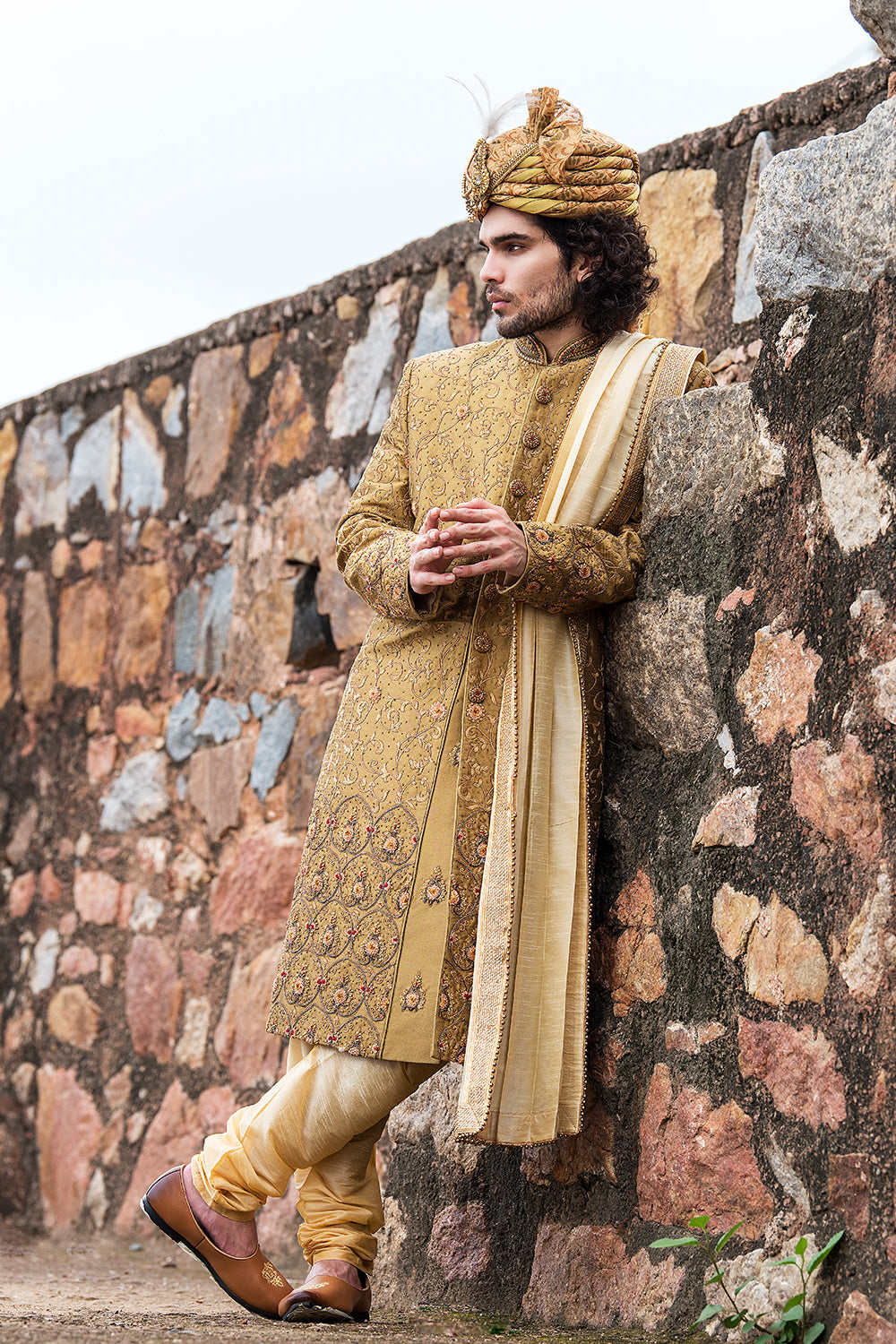 Burnt Gold Embroidered Sherwani And Dupatta