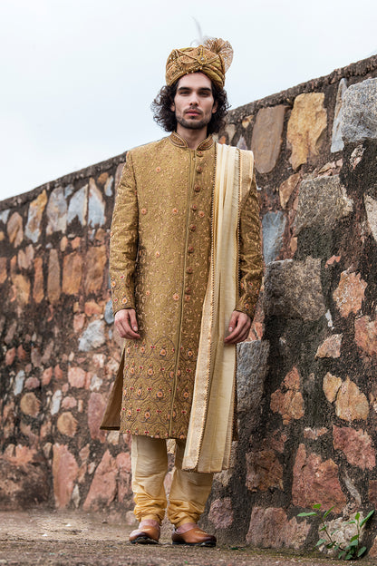 Burnt Gold Embroidered Sherwani And Dupatta