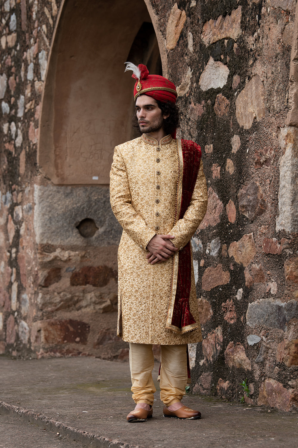 Butter Gold Thread Embroidered Sherwani And Dupatta Set