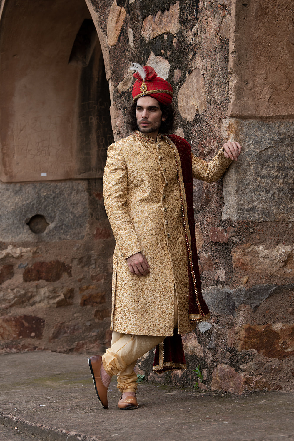 Butter Gold Thread Embroidered Sherwani And Dupatta Set