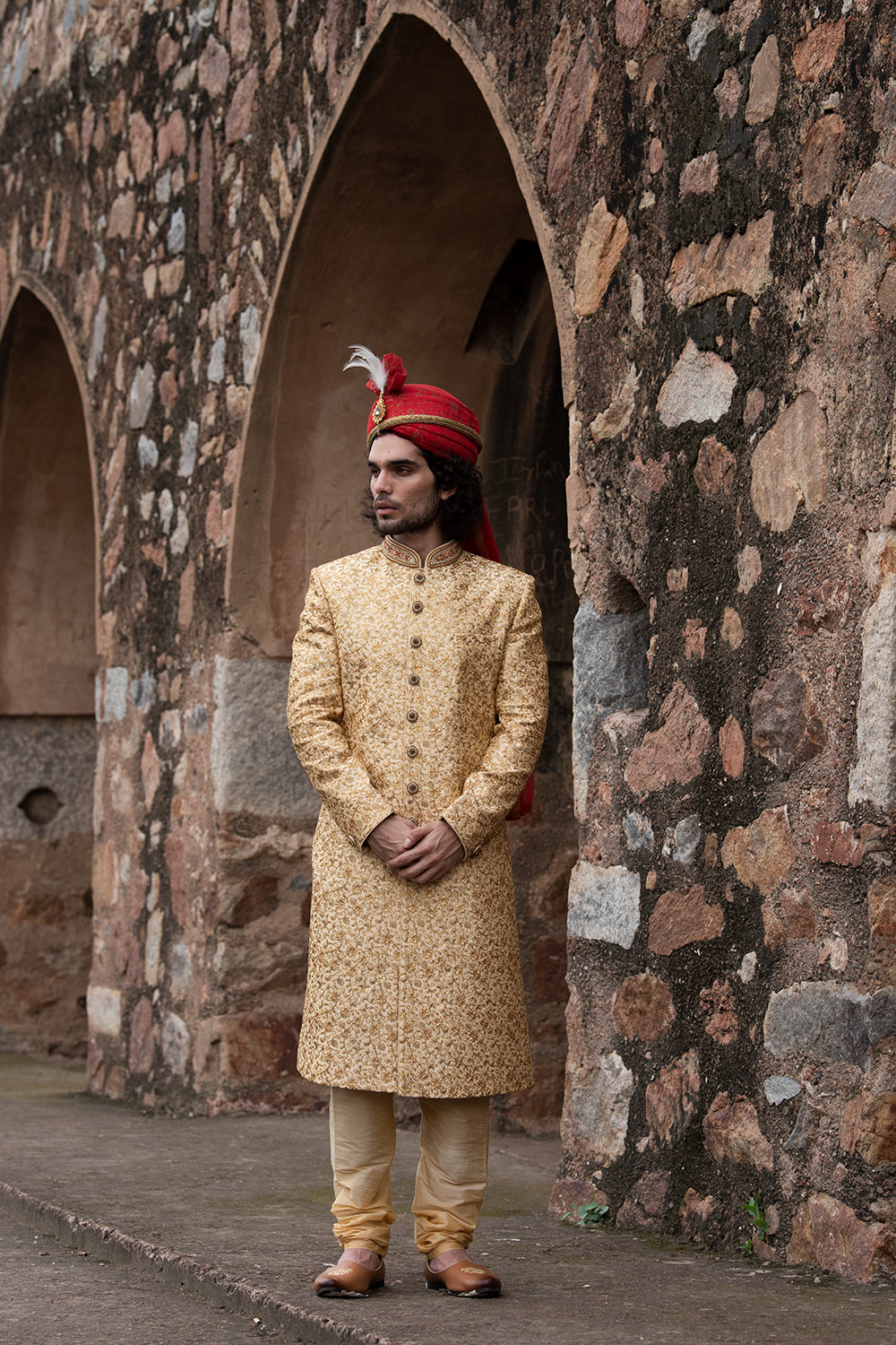 Butter Gold Thread Embroidered Sherwani And Dupatta Set