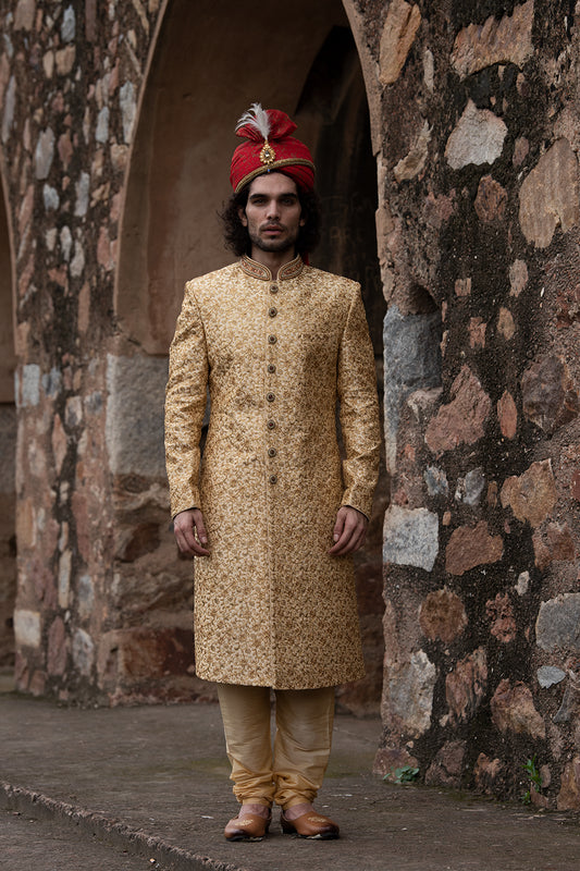 Butter Gold Thread Embroidered Sherwani And Dupatta Set
