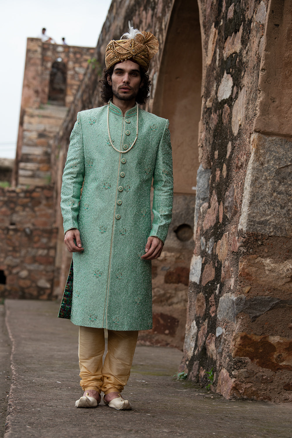 Mint Green Dori Work Sherwani With Churidars