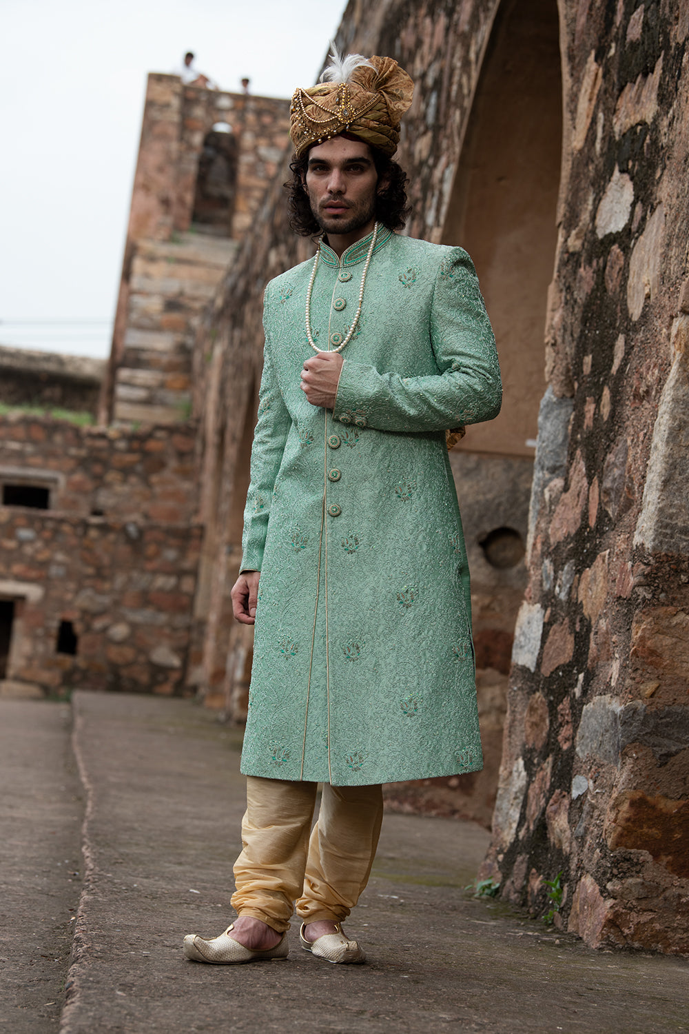 Mint Green Dori Work Sherwani With Churidars