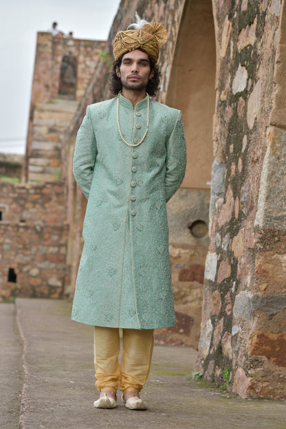 Mint Green Dori Work Sherwani With Churidars