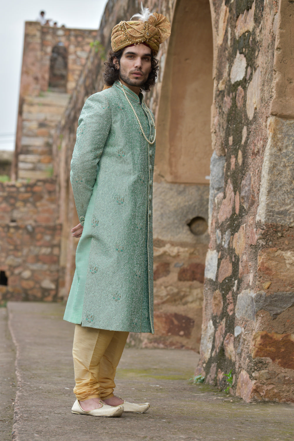 Mint Green Dori Work Sherwani With Churidars