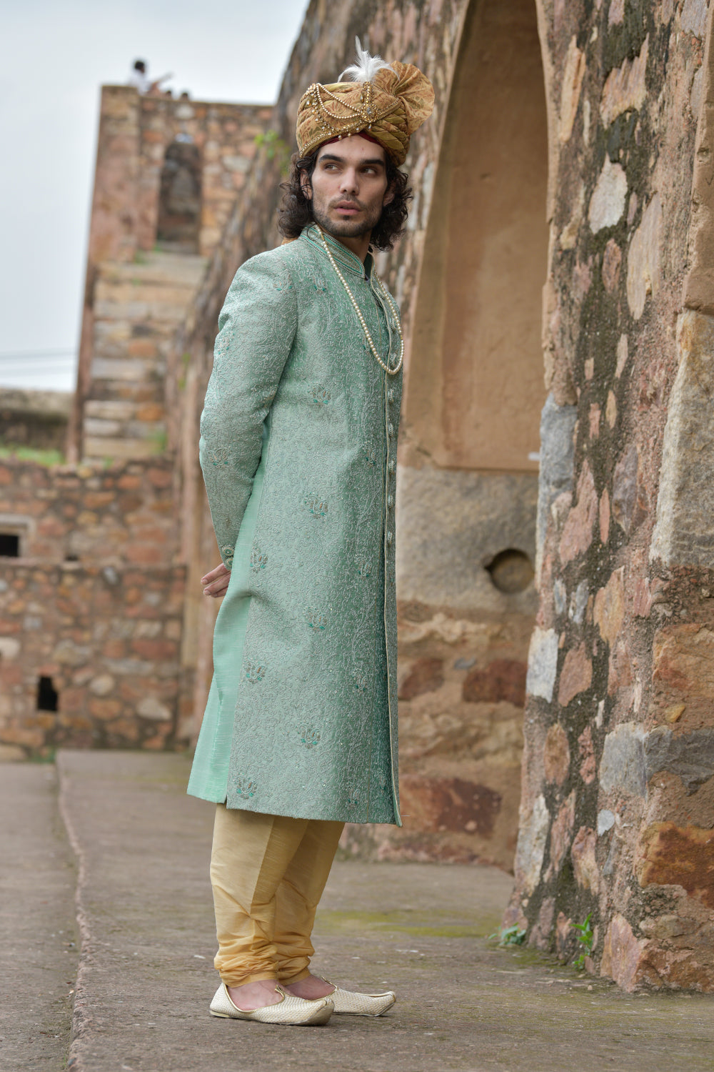 Mint Green Dori Work Sherwani With Churidars