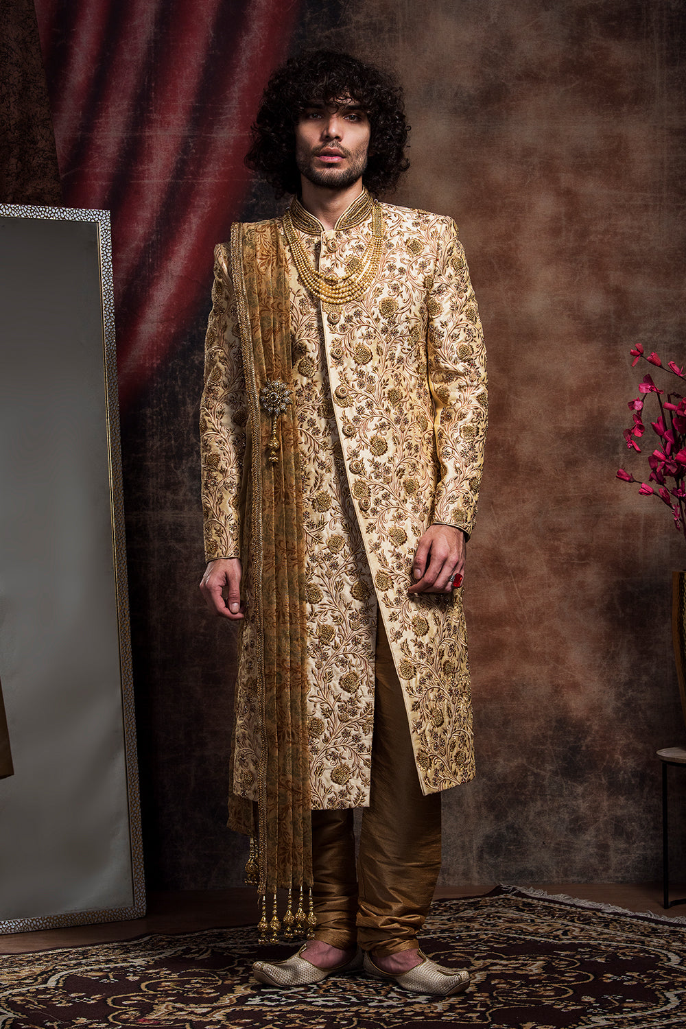 Zardozi Embroidery Sherwani Set With Dupatta