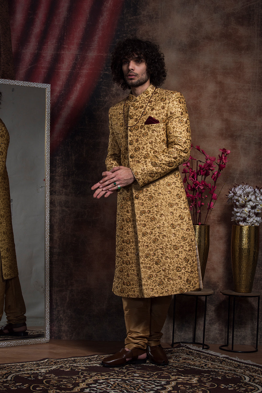 Zari Embroidery Sherwani And Churidar Set