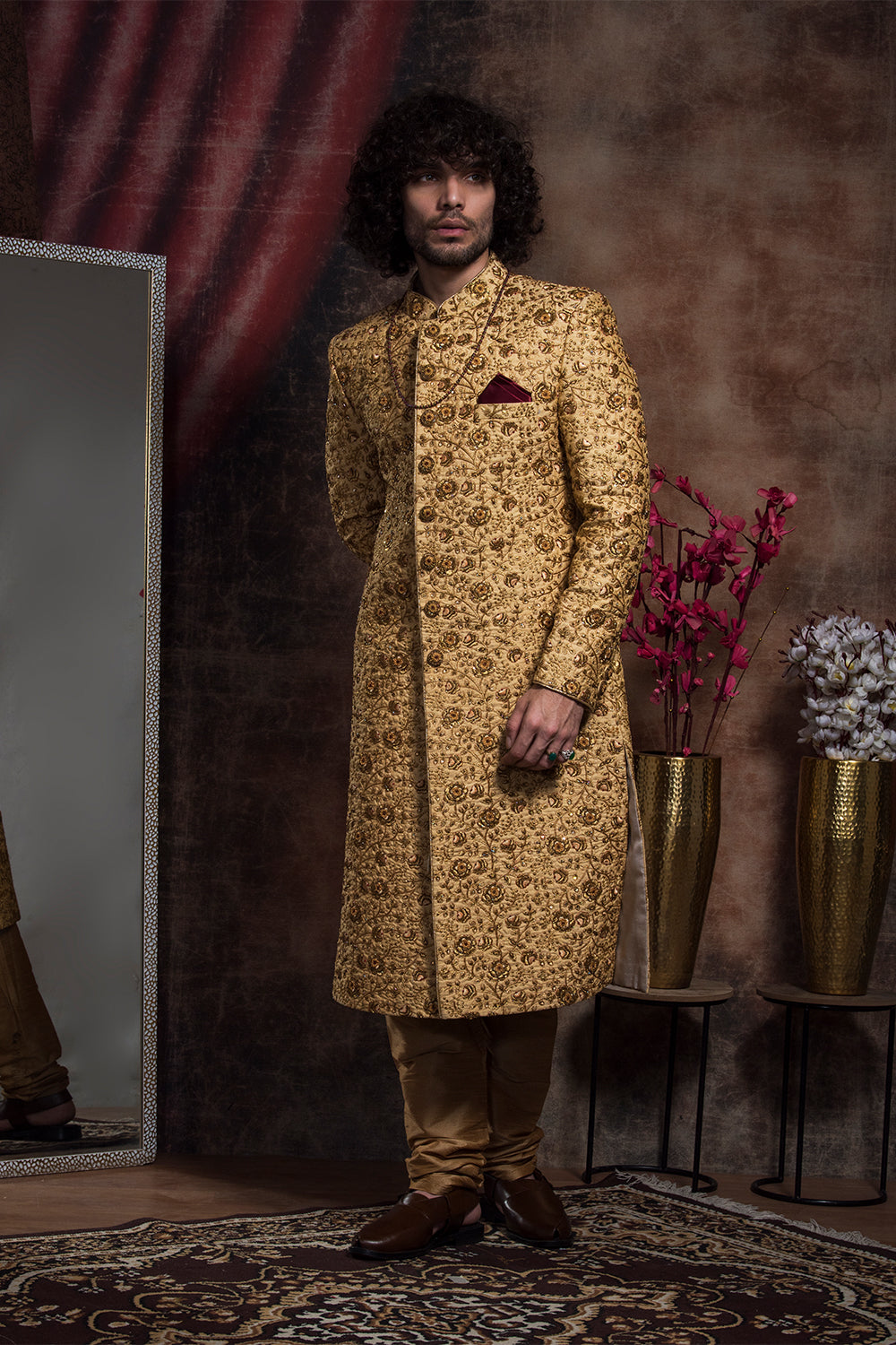 Zari Embroidery Sherwani And Churidar Set