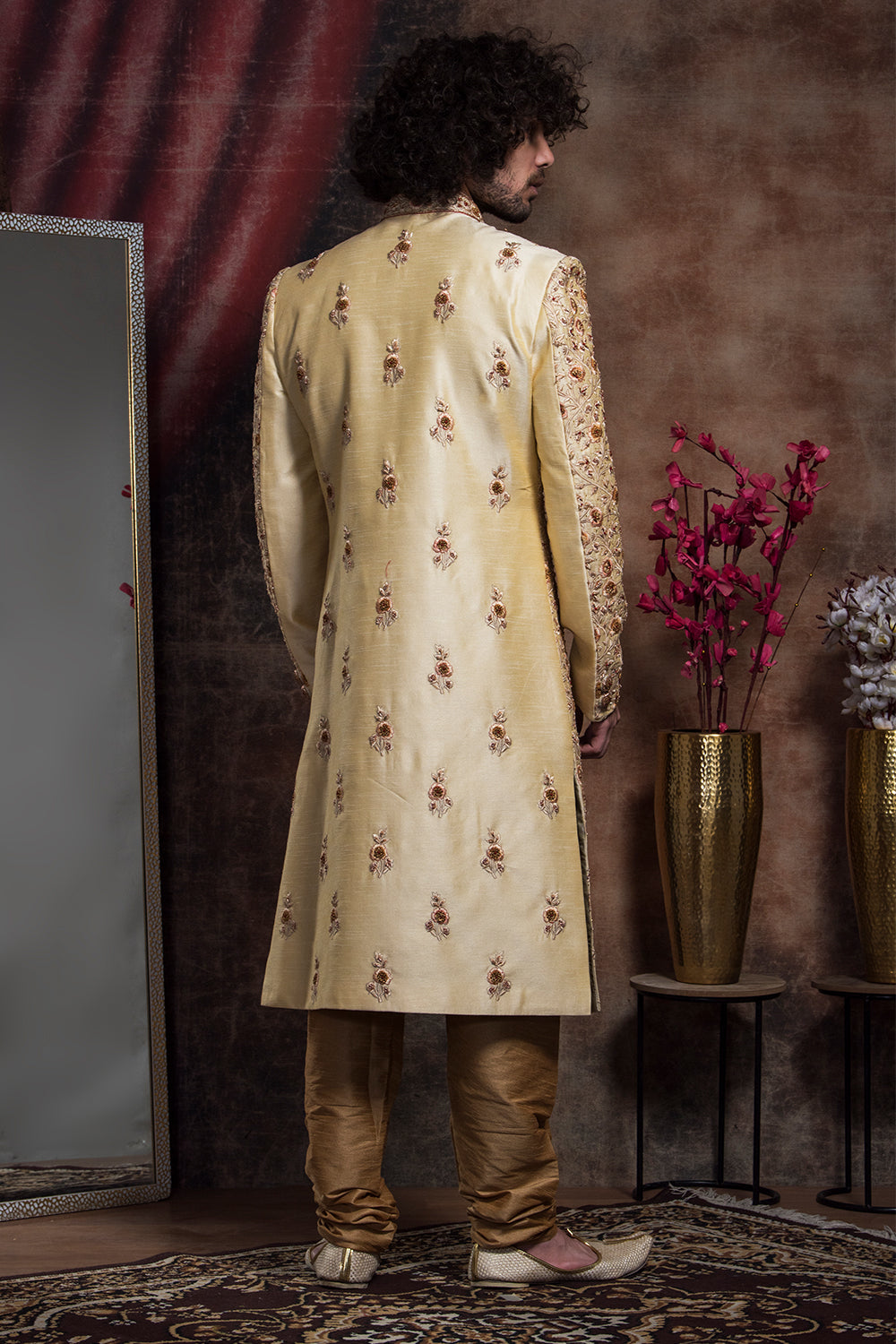 Ivory Thread Embroidered Sherwani With Peach Hints