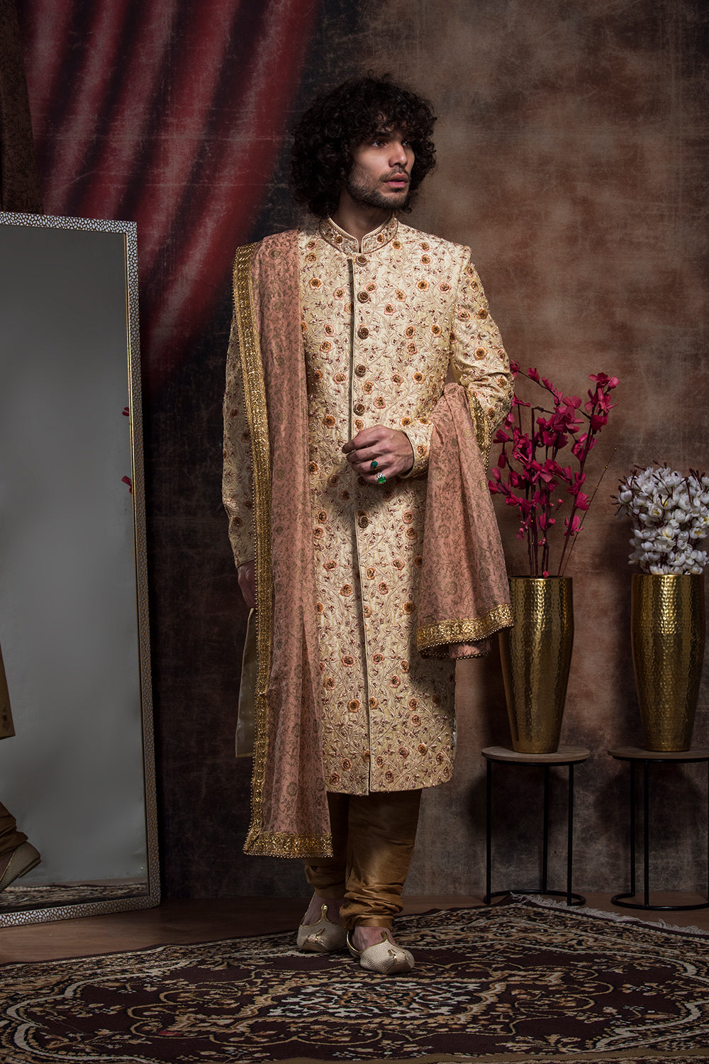 Ivory Thread Embroidered Sherwani With Peach Hints