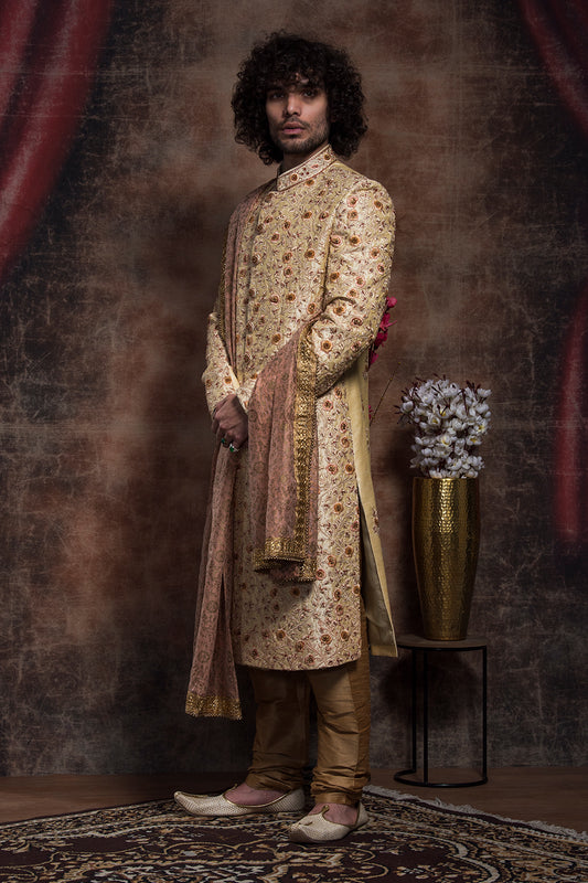 Ivory Thread Embroidered Sherwani With Peach Hints