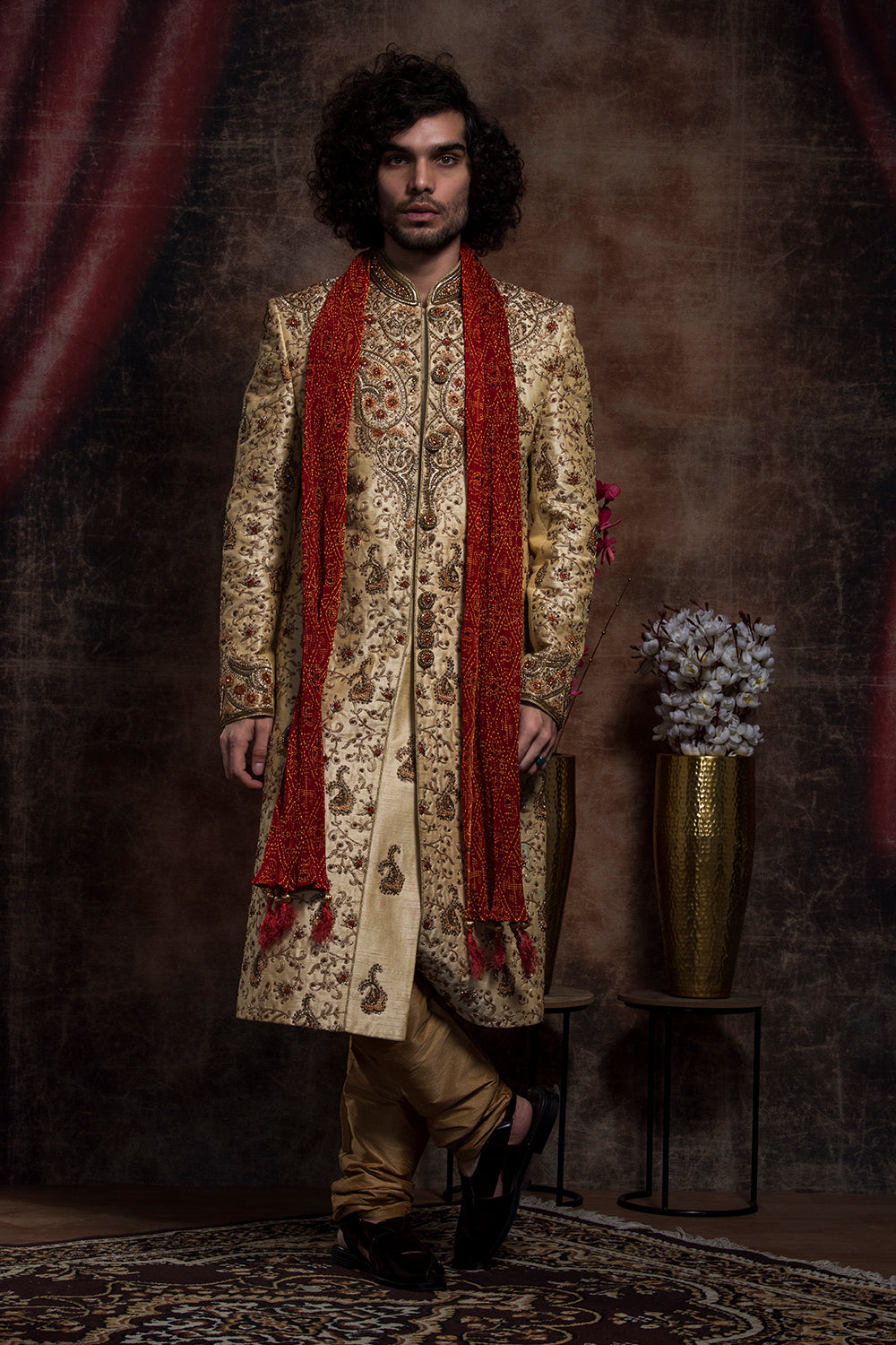 Gold Zari Embroidery Sherwani And Churidar Set