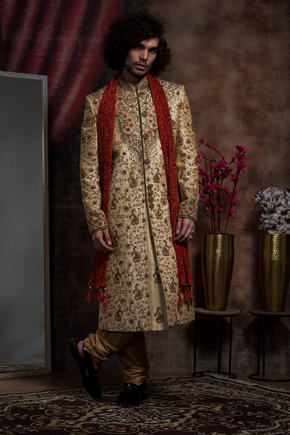 Gold Zari Embroidery Sherwani And Churidar Set