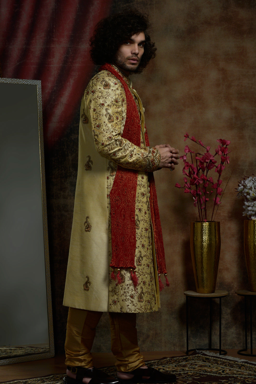 Gold Zari Embroidery Sherwani And Churidar Set