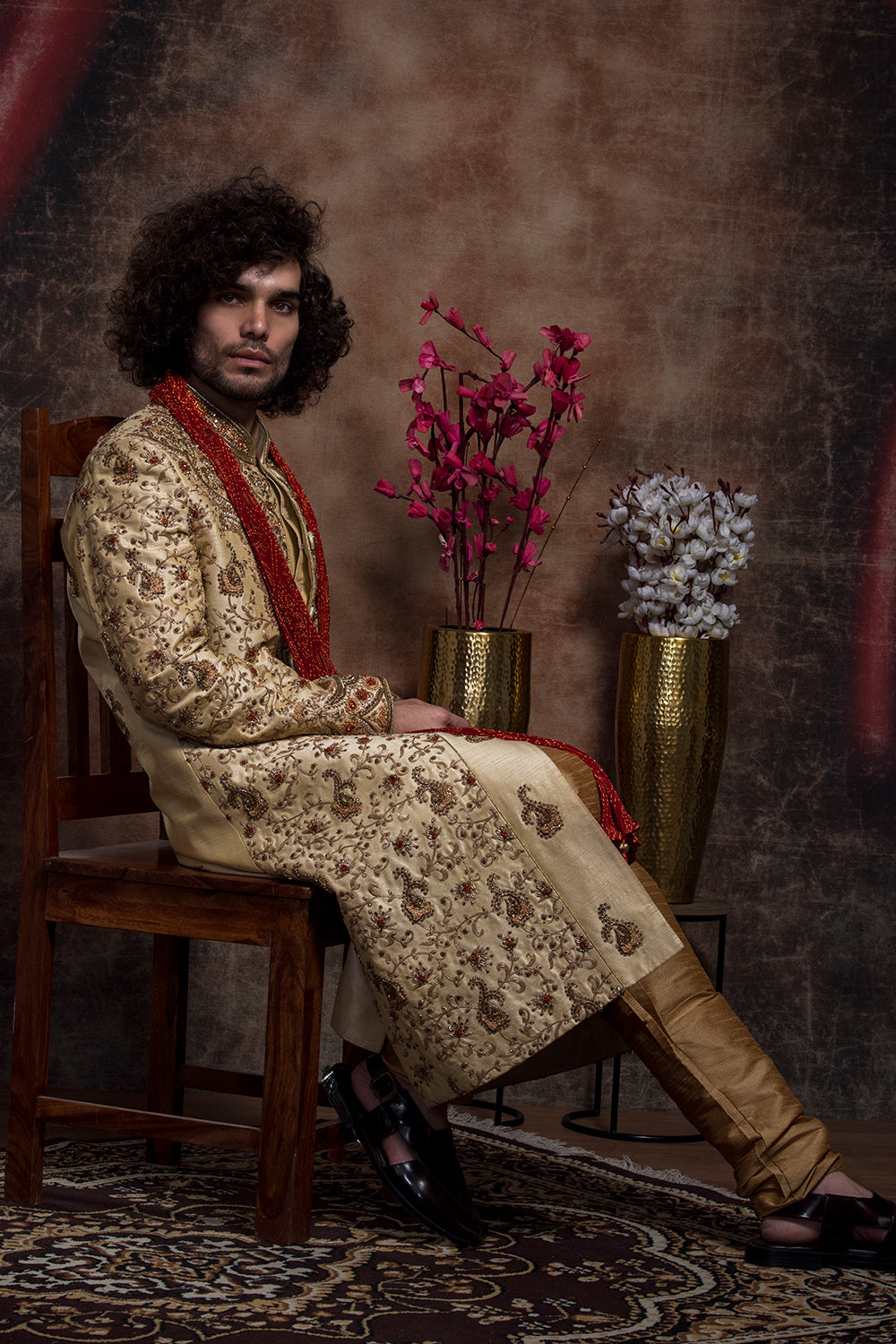 Gold Zari Embroidery Sherwani And Churidar Set