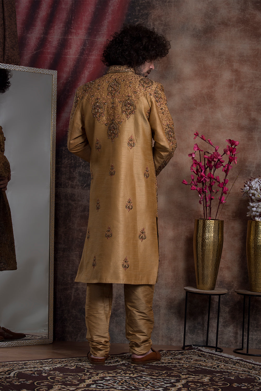 Dark Gold Hand Embroidered Sherwani And Textured Dupatta