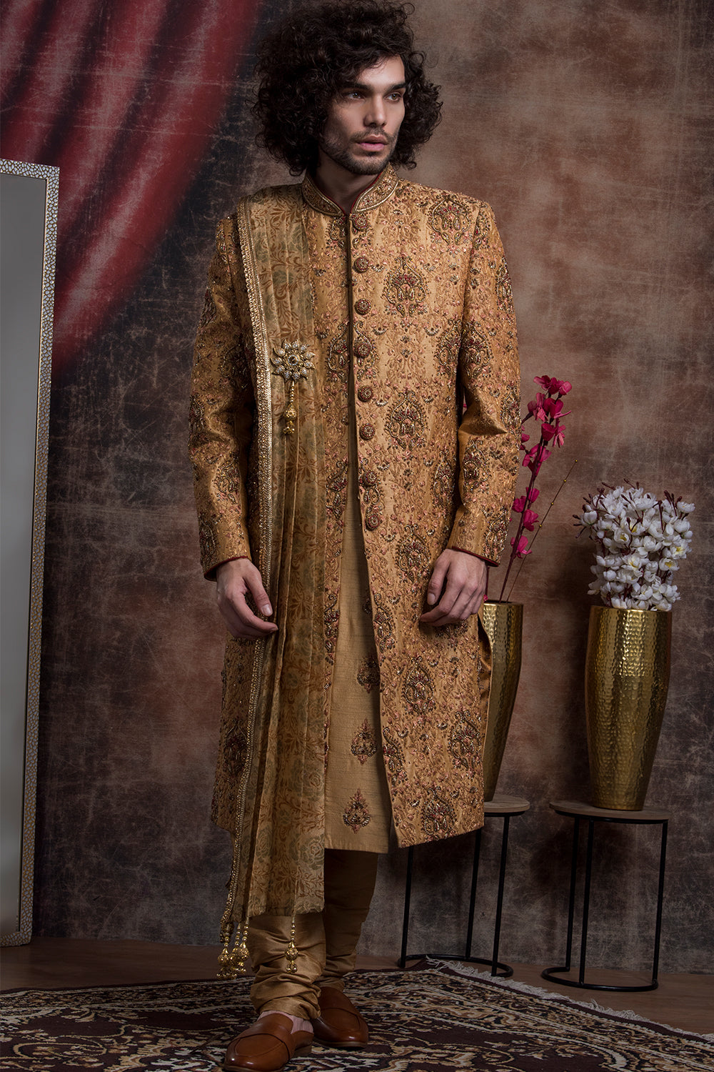 Dark Gold Hand Embroidered Sherwani And Textured Dupatta