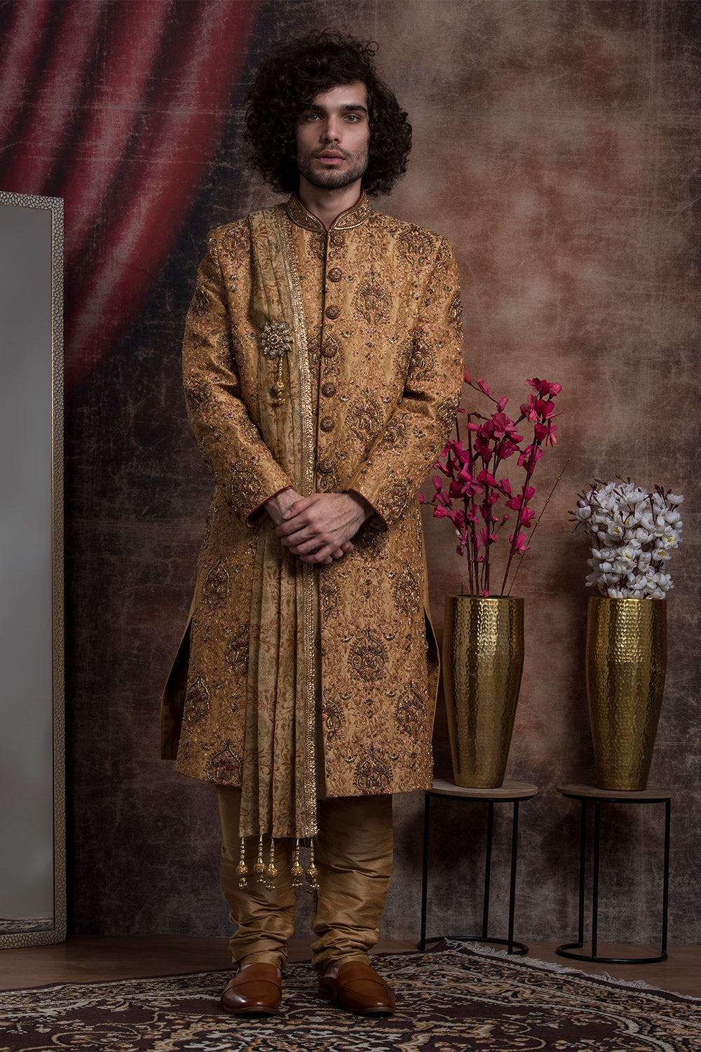 Dark Gold Hand Embroidered Sherwani And Textured Dupatta