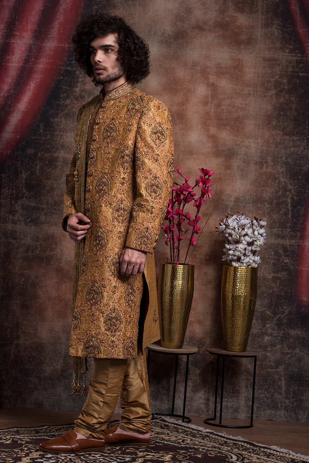 Dark Gold Hand Embroidered Sherwani And Textured Dupatta